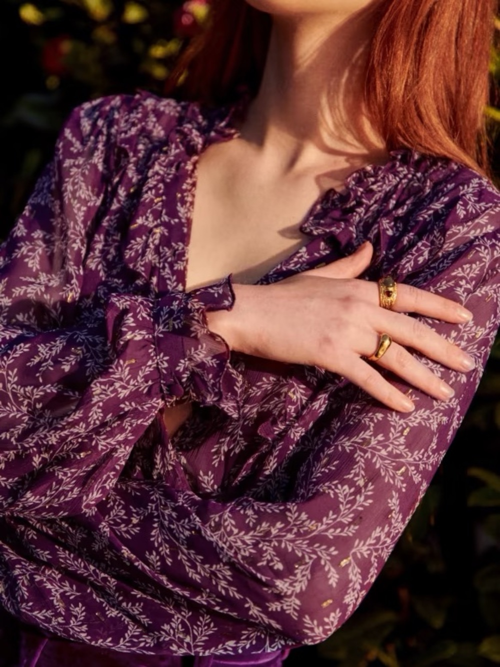 NWT SEZANE Celine Shirt, Purple Floral Blouse with Gold Accents, US 8 / FR 40